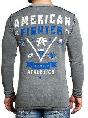 American Fighter Gray Long Sleeve Thermal with Blue & White Graphics size S
